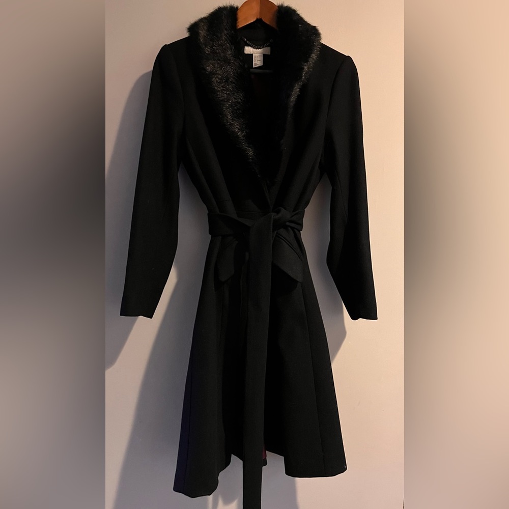 Black polyester wool dress coat - excellent condition - fitted back and belted